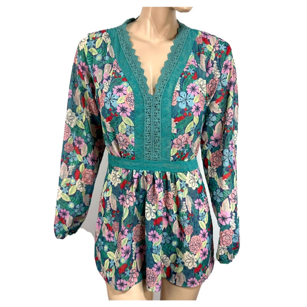 Matilda Jane Kookaburra Top Floral Crochet Lace Peasant Peplum Size L Large